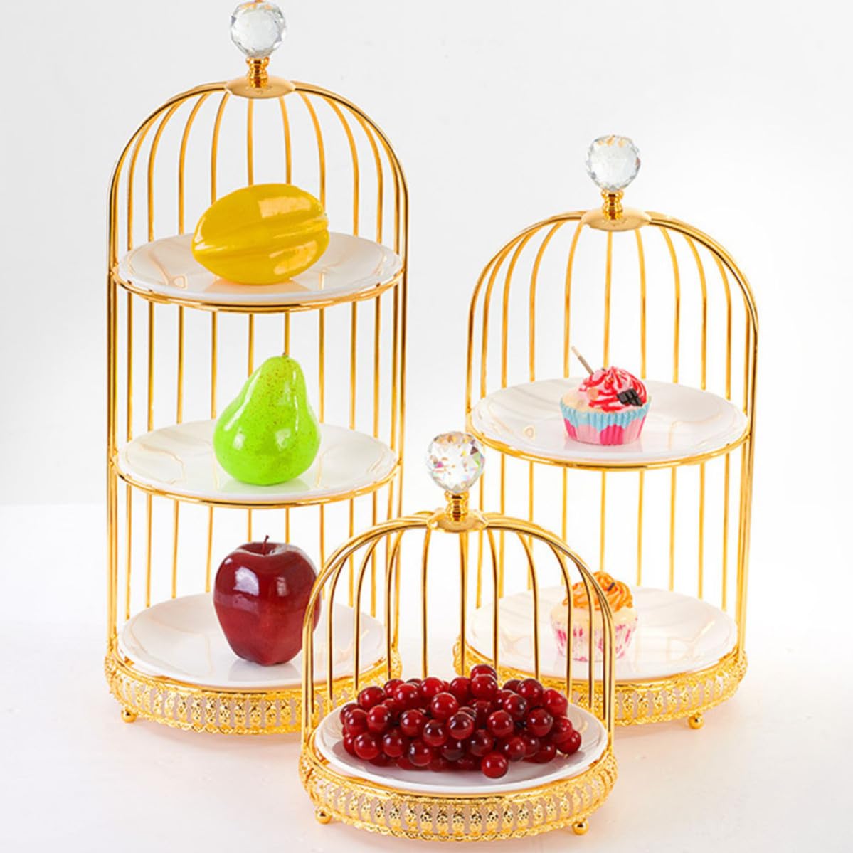 Scaffale per Dolci a Forma di Gabbia in Ferro e Ceramica Oro, Espositore per Dolci e Snack, Vassoio per Dessert per Feste di Compleanno e Party