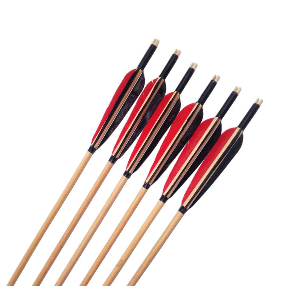 Lot de 6/12 flèches traditionnelles en bois pour tir à l'arc avec 4 plumes pour s'entraîner à cibler la chasse (noir, lot de 6