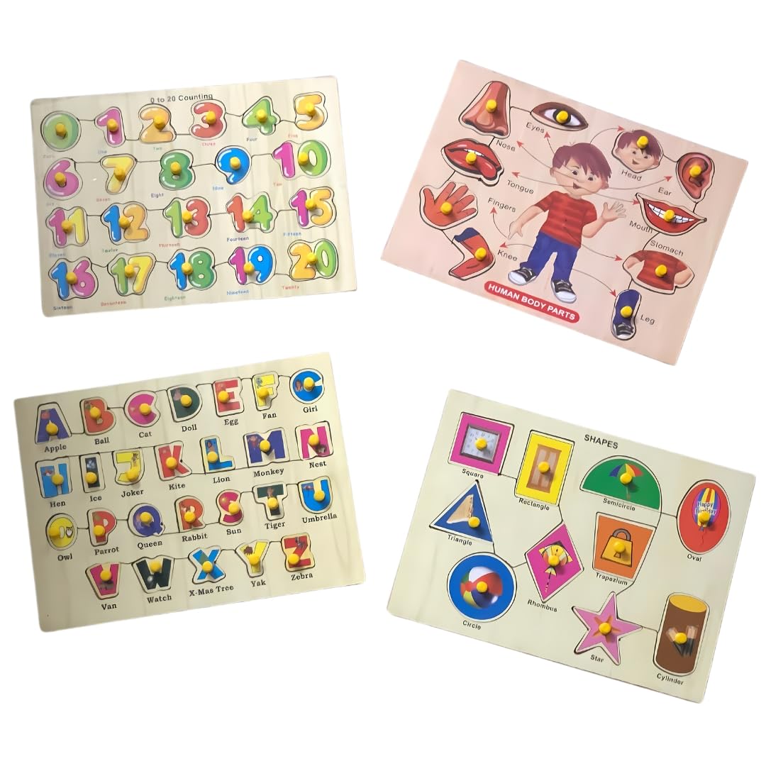 KITTER Set of 4 Wooden Puzzle Trays - ABC, 0 to 20, Shapes & Body Parts | Wooden Jigsaw Puzzles for Kids | Educational Puzzle Toys for Toddlers | Indoor Educational Puzzle Games for Kids Learning (B0D9KXDQDY) Amazon Price History, Amazon Price Tracker