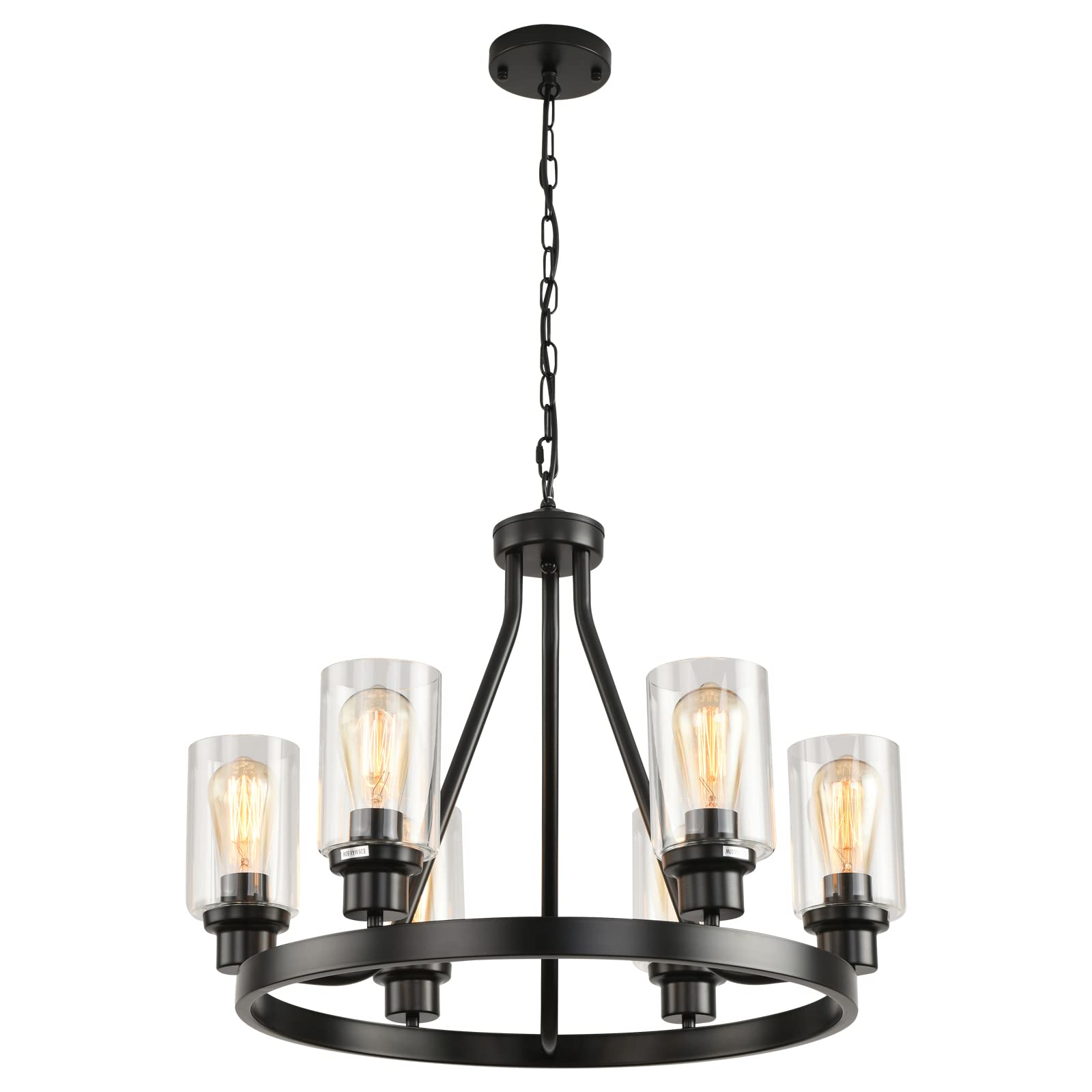 Farmhouse Rustic Chandelier Light Fixture, 6-Light Round Hanging Pendant Lighting for Dining Room, Modern Wagon Wheel Chandelier for Kitchen (Black)