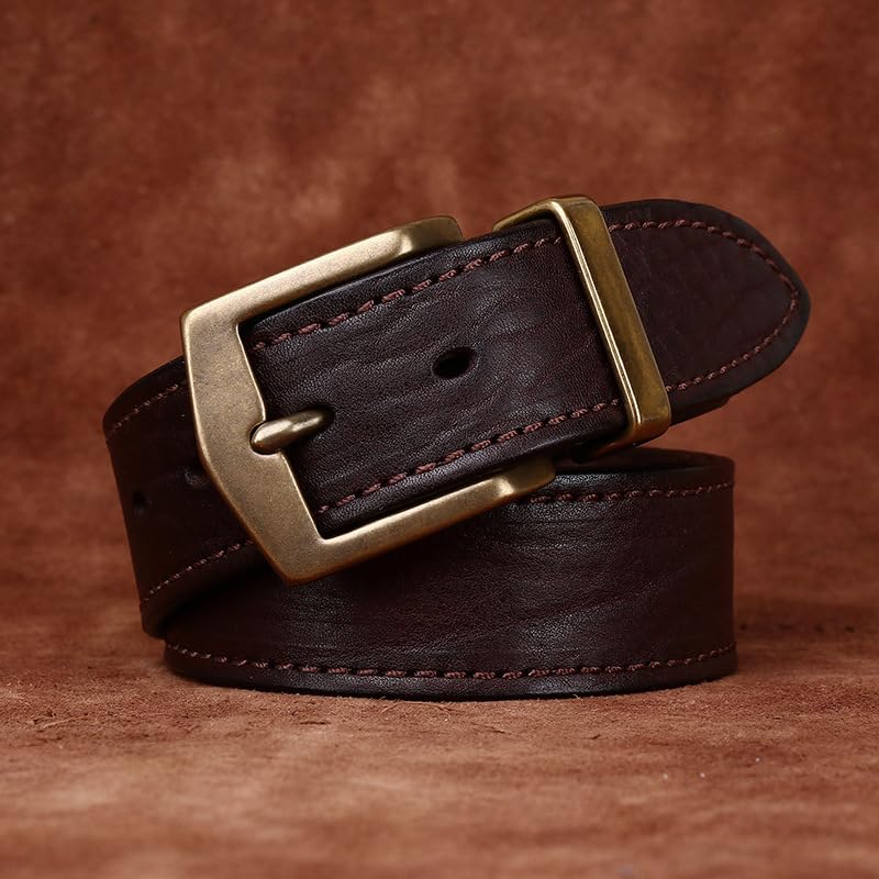 Men's Vintage Distressed 5mm Thick Leather Stitching Belt -1 1/2" Genuine Top Grain Cowhide Texture Embossed Waist Strap(115cm/45, Coffee)3