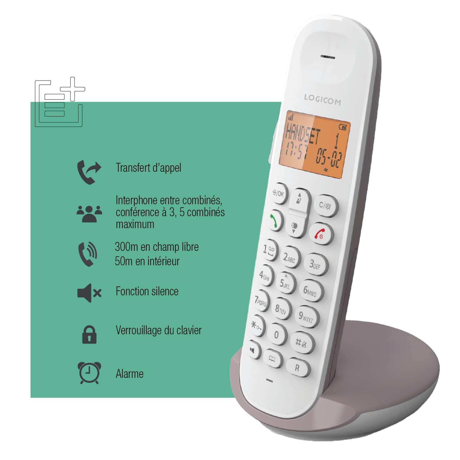 Logicom ILOA 150 DECT Schnurlostelefon – Freisprechfunktion – Großes 4-Zeilen Display – 300 m Reichweite – 7h Gesprächszeit – 90h Standby – Taupe