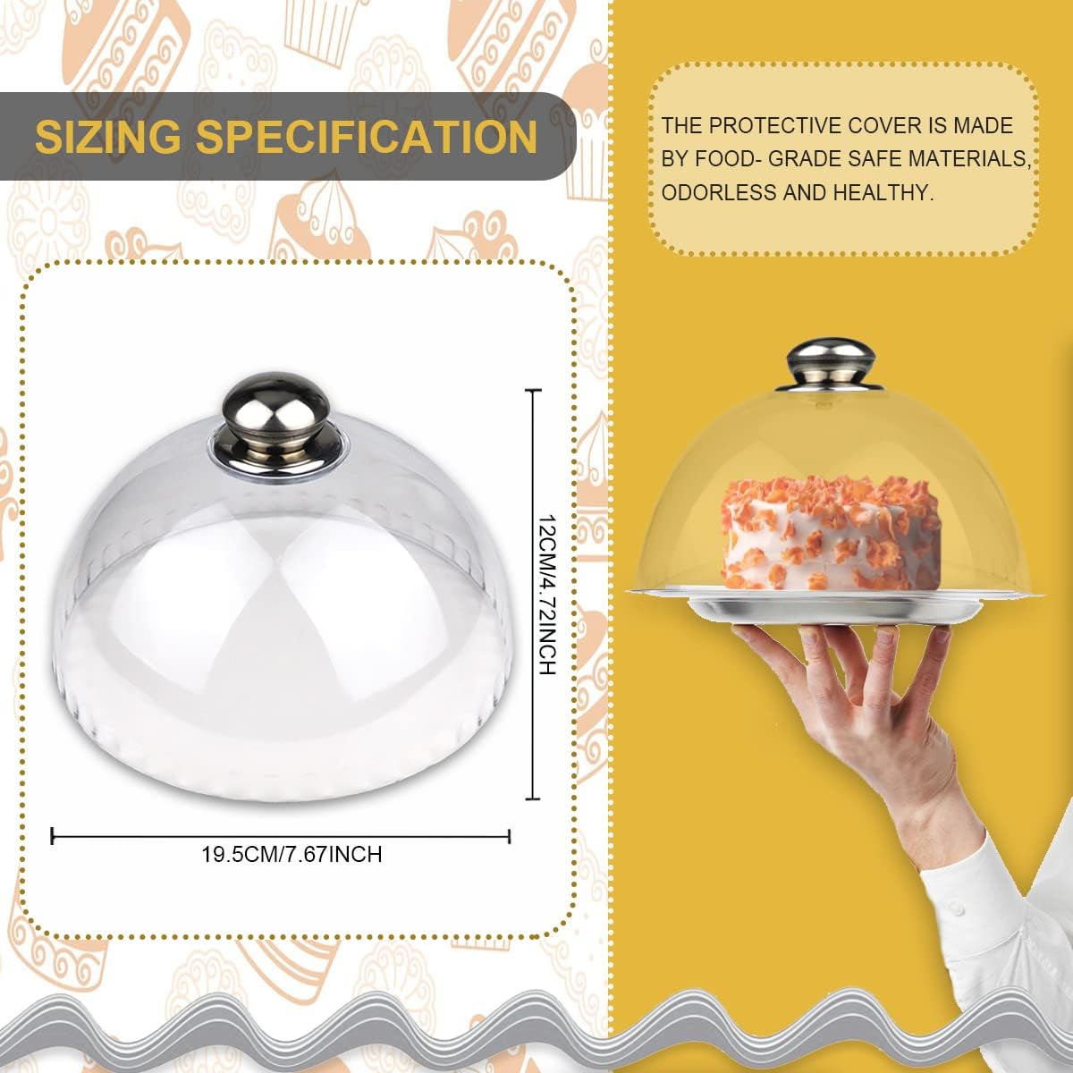 DOERDO Plastic Cake Dome Cover Clear Round Dessert Snack Tray Round Display Cake Plate with Knob Handle for Home Bread Cake Dish, 19.5X12CM