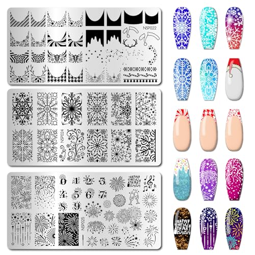 Arbuya Christmas Nail Art Stamping Plates Set of 3 - Winter Snowflakes Fireworks French Tips Stainless Steel Manicure Art Tools for DIY Print Manicure Salon Design Gift Supplies