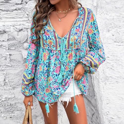Women's Casual Floral Print V Neck Top Loose Boho Long Sleeve Beach Shirts Blouses3