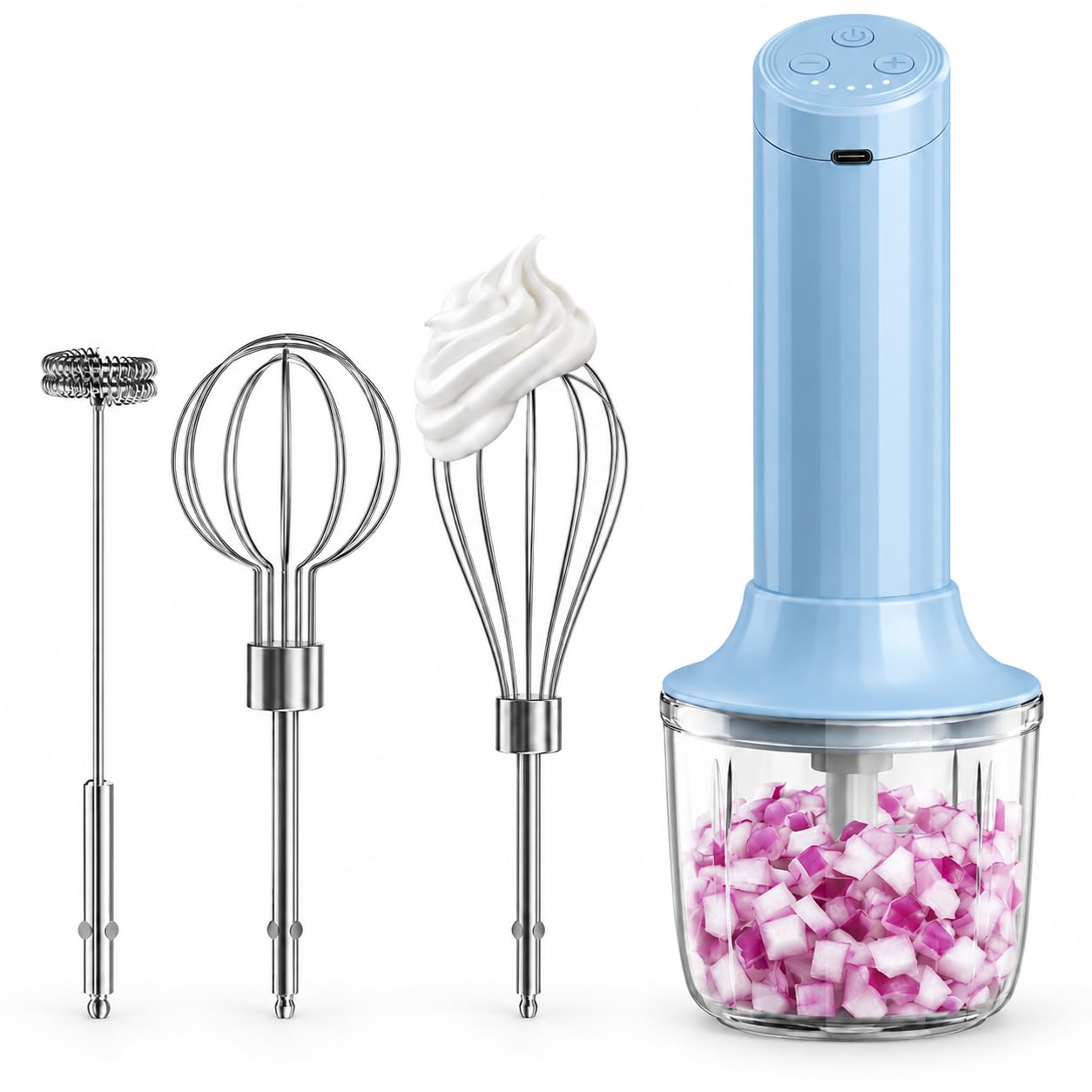 Cordless Hand Mixer, 4-in-1 Handheld Electric Mixer with Electric Whisk Frother &amp; 10 oz Mini Food Chopper, USB-C Rechargeable 4-Speed Hand Mixer for Eggs, Cream, Coffee &amp; Small-Batch Prep