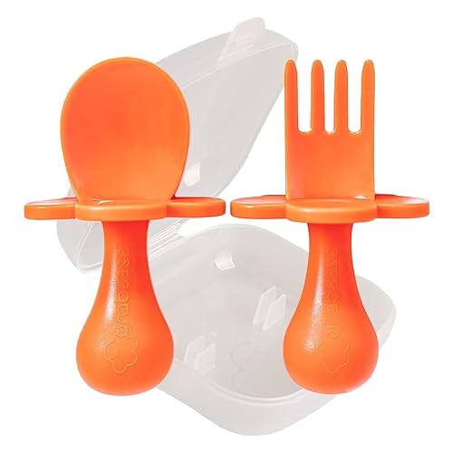 Miniatura 1 de Grabease Cucharas y tenedores para niños pequeños, cubiertos para bebés y cucharas, sin BPA y sin ftalatos, 1 juego, color naranja