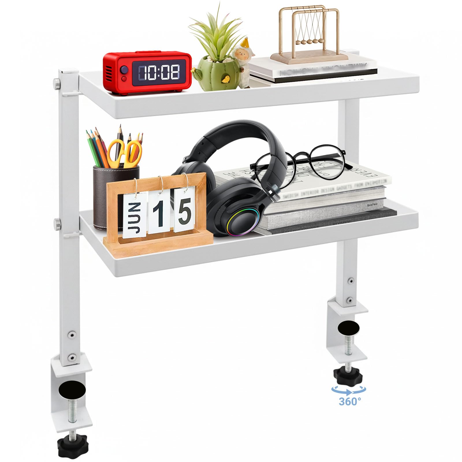 Klemmregal Schreibtisch Organizer mit 2 Ebenen, Schreibtischregal mit Lochwand & Lagerregal aus Kohlenstoffstahl, Schreibtisch Aufsatzregal Weiß für Bücherregal, Küchen Organizer, Kaffeeregal