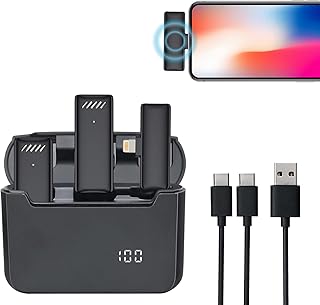 Wireless Lavalier Microphone for iPhone - 2 Microphones, 1 Receiver & Charging Case, Plug-and-Play Lapel Microphone, Tiny Microphone for Video Recording/Meeting/TikTok/YouTube/Interview(Black)