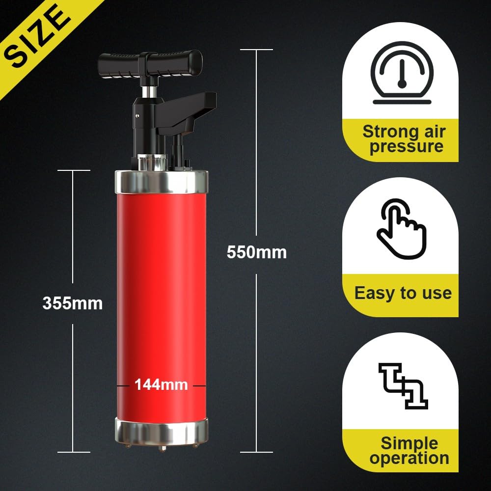 Sturascarici ad Alta Pressione con 4 Ventose, Stura Lavandini e Scarichi Professionale con Manometro, Pompa Stura Scarichi a Pressione, per Vasca da Bagno Cucina Bagno, Rosso