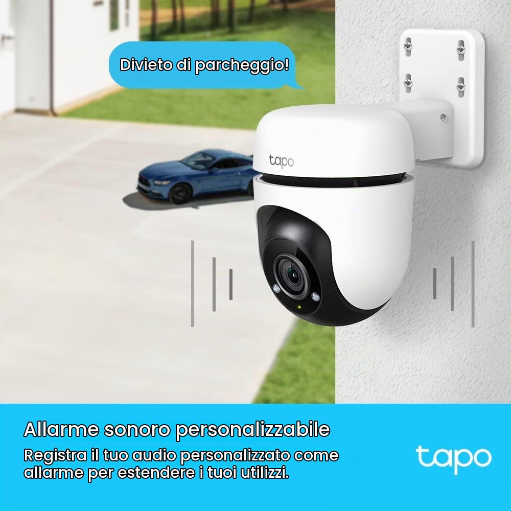 Tapo C500 Telecamera Wi-Fi Esterno FHD, 360° Visuale, Telecamera IP di Sorveglianza, IP65, Visione Notturna a Colori, Rilevamenti Smart AI, Audio Bidirezionale, Allarme sonoro personalizzato