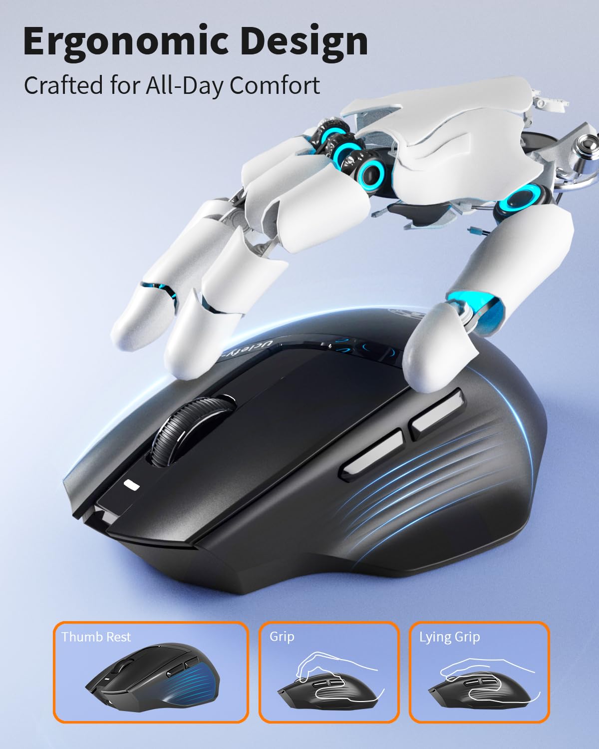 Uciefy Z07 - Ratón inalámbrico Bluetooth, modo dual (2.4G + BT5.1), mouse Bluetooth, mouse recargable USB C con indicador de carga, mouse ergonómico para computadora portátil/PC/Mac/iPad-negro