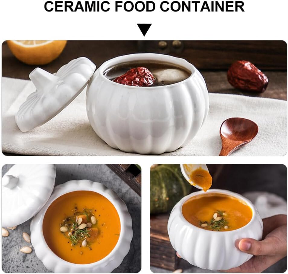 Luxshiny Ceramic Pumpkin Soup Bowl with Lid Japanese Style Stew Soup Bowl 4.5 Inch Covered Microwave Safe for Pumpkin Noodle Dessert and Steamed Egg