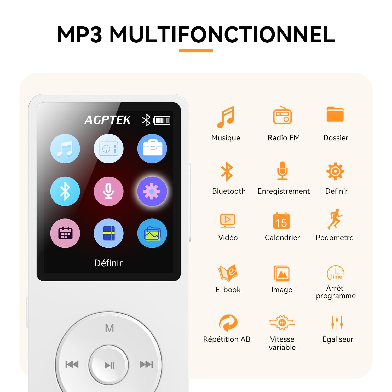 AGPTEK Lecteur MP3 Bluetooth 5.3 32Go,1,8 "Baladeur MP3 Numérique