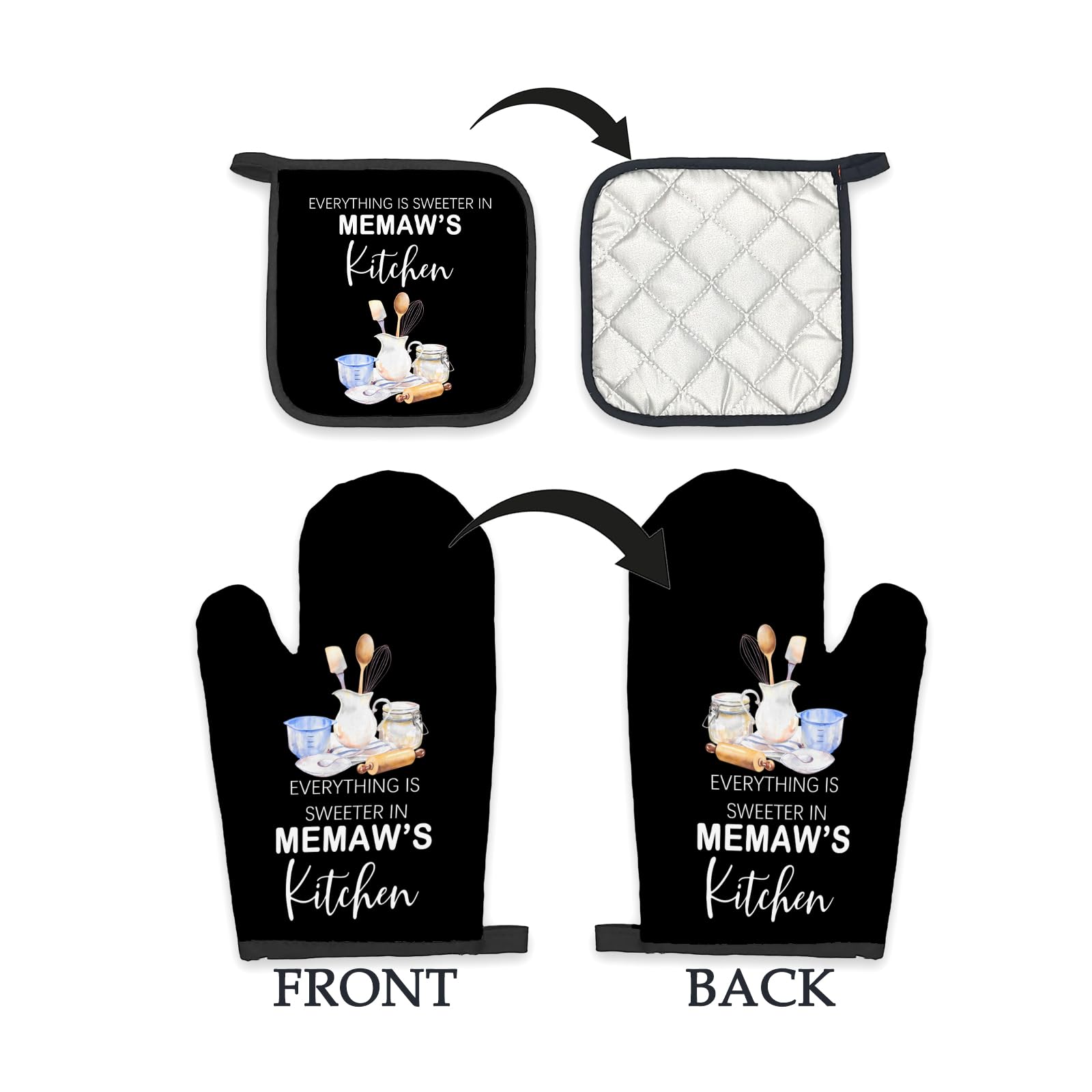 Memaw Gifts Oven Mitts and Pot Holders Sets, Gifts for Grandma from Grandkids, Sweeter in Memaw's Kitchen Heat Resistant Oven Glove Potholders for Baking