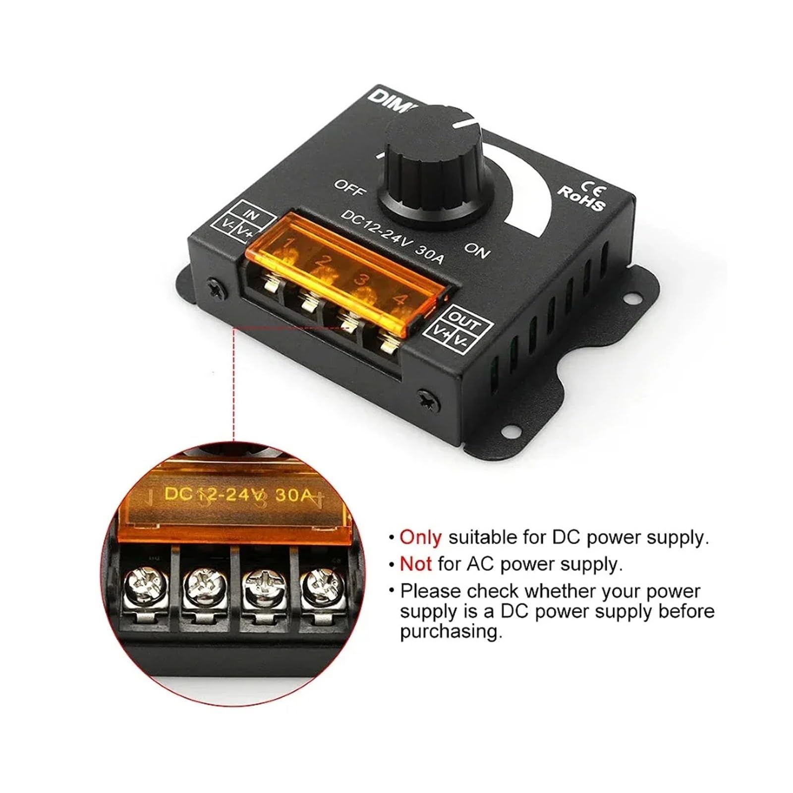 1–10 Stück DC 12 V 24 V LED-Dimmer, 30 A, 360 W, Spannungsregler, einstellbarer Controller for LED-Streifen, LED-Lichtdimmer(1 pcs)