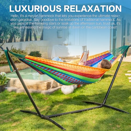 Image of PNAEUT Double Hammocks with Stand for Outside, Portable Space Saving Heavy-Duty Steel Stand for Indoor Outdoor Patio (Mayan Rainbow)