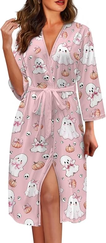 Lightweight Kimono Robe Soft Robes for Women Cute Bathrobes Knee Length with Attached Belt