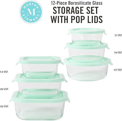 Miniatura 2 de Martha Stewart Juego de recipientes de vidrio de borosilicato de almacenamiento de 12 piezas con tapas azules Martha a presión
