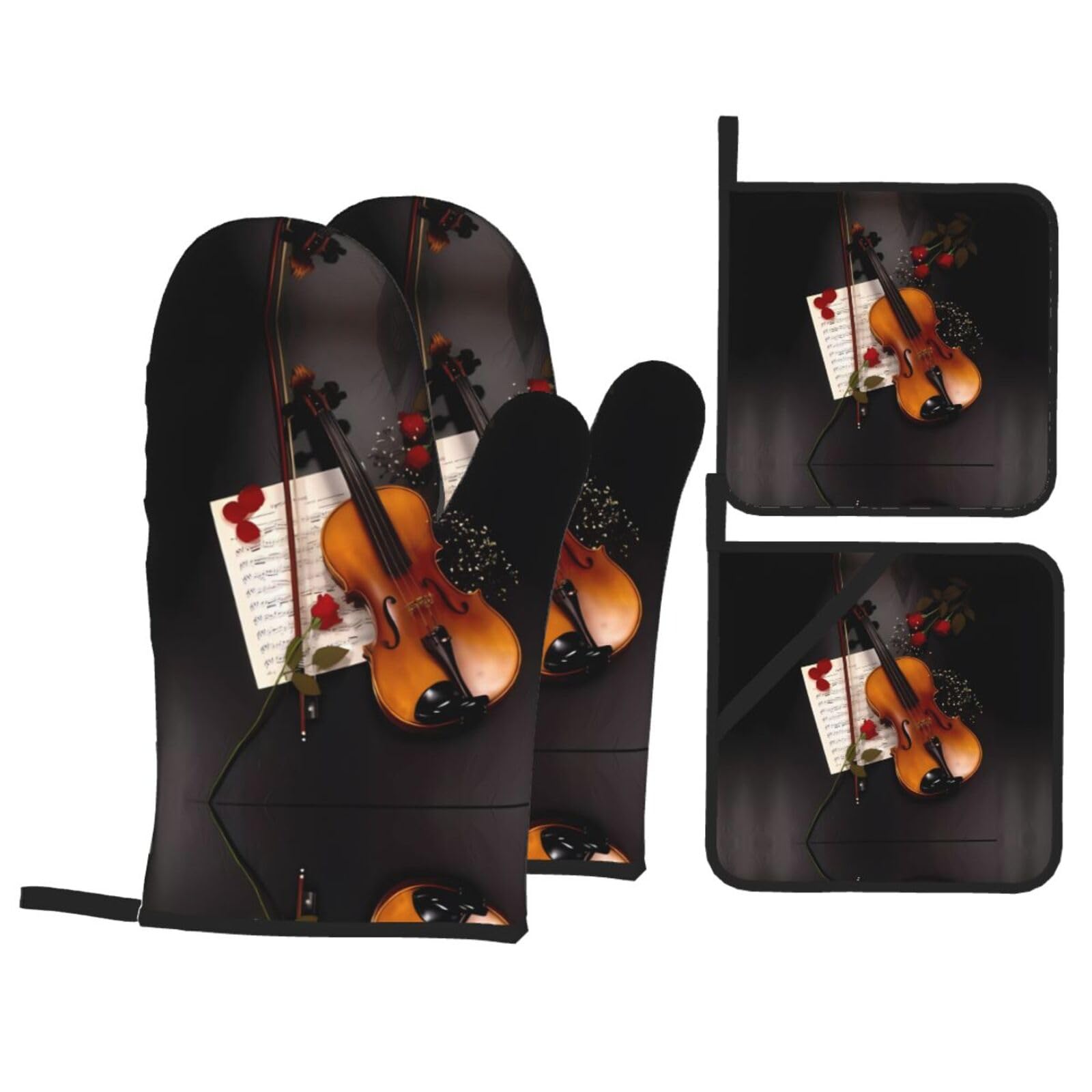 YYHHAOFA Violin Sheet Music Prints Kitchen Baking Set with Heat Resistant Pot Holders & Oven Mitts - Waterproof Layer for Hot Dishes, Grill & Microwave