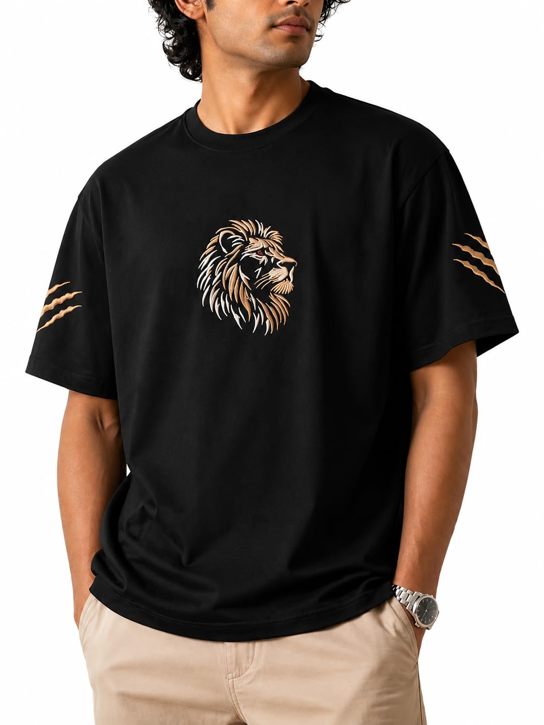 labelresha Lion Embroidered Oversized T-Shirt | 240 GSM French Terry | Unisex Streetwear | Black-picture-19