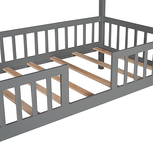 Miniatura 6 de SOFTSEA Cama de casa individual con valla para niños y niñas, marco de cama de madera, muebles de dormitorio, gris