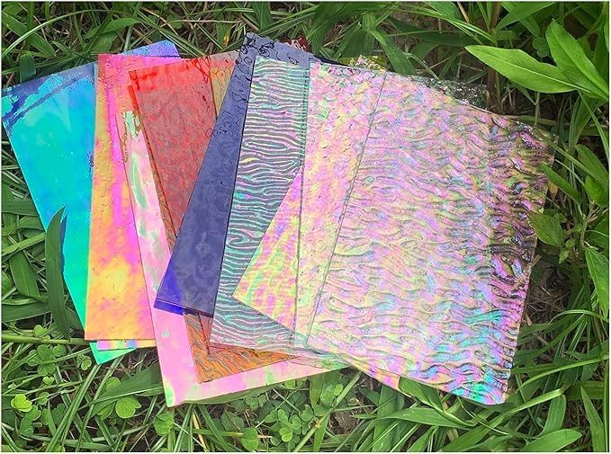 12 fogli di vetro colorato iridescente, 10x15 cm Piastrelle di vetro ruvide e lisce per progetti fai da te, vivaci tessere di mosaico miste trasparenti e opache per lavori artigianali