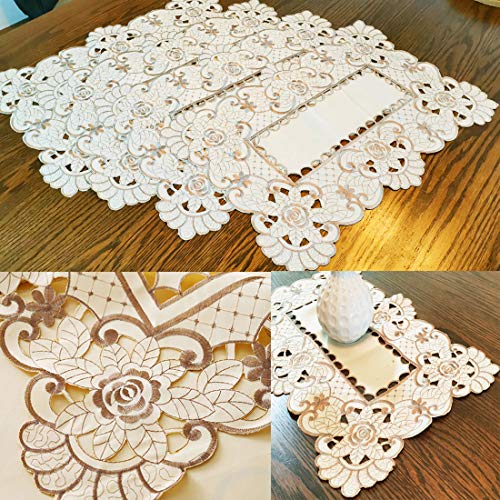 LeLehome Set of 4 Placemats, 18 Inch X 12 Inch Oblong Brown Rose Flower Embroidered Stain Resistant Silk Vinyl Washable Lace Lunchmats Place Mats, Home Kitchen Dining Restaurant Table Mats