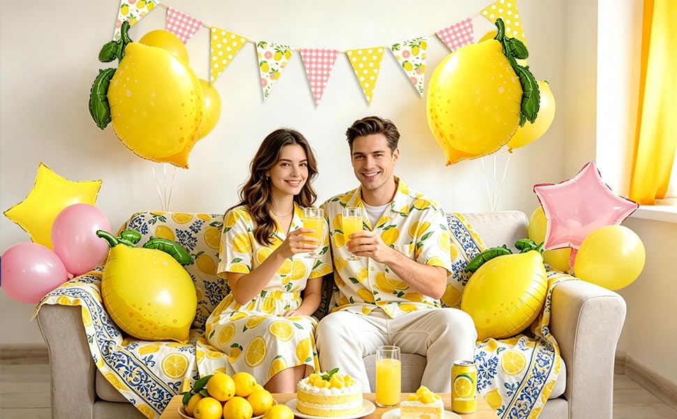 Image of Pink and Yellow Lemon Triangle Banner Balloons Lemonade Bar Stand Supplies Amalfi Coast Hawaiian Luau Summer Birthday Party Decorations Baby Shower Freshly Graduated Lemon Themed Party Decor
