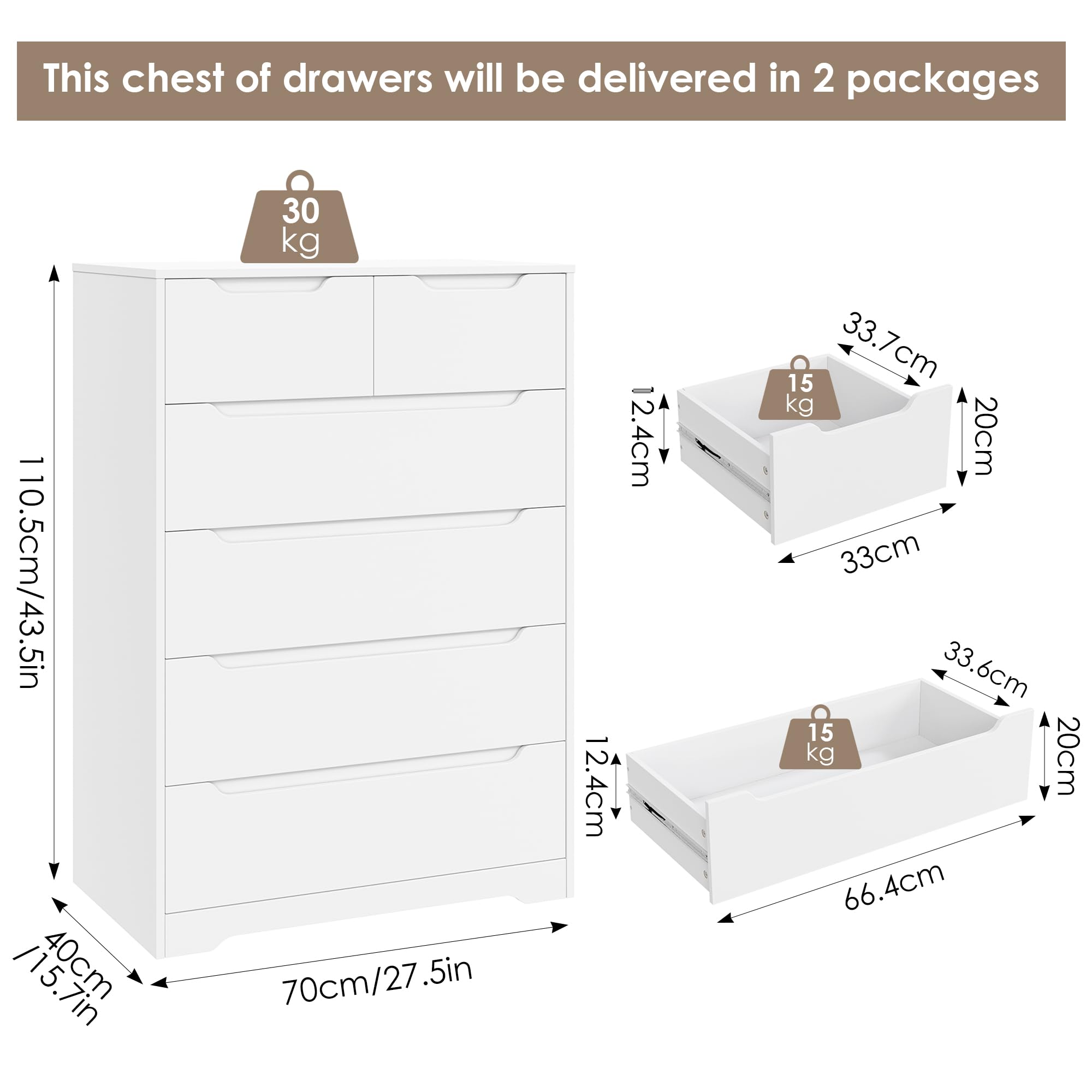 HOCSOK Cómoda Dormitorio con 6 Cajones Blanca, Sinfonier de 110 cm de Ancho | Aparador con Cajones sin Tiradores, 110,5 x 70 x 40 cm, con Guías Metálicas y Diseño Antivuelco para Dormitorio y Salón
