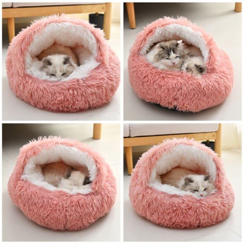 Gavenia Cat Bed Round Fluffy Hooded Cat Bed Cave with Non-collapsed Plush Cover,Cat Bed Donut for Indoor Cats,Calming Dog Beds&Cat,Anti-Slip Waterproof Bottom,Washable Bed,20inch,Pink