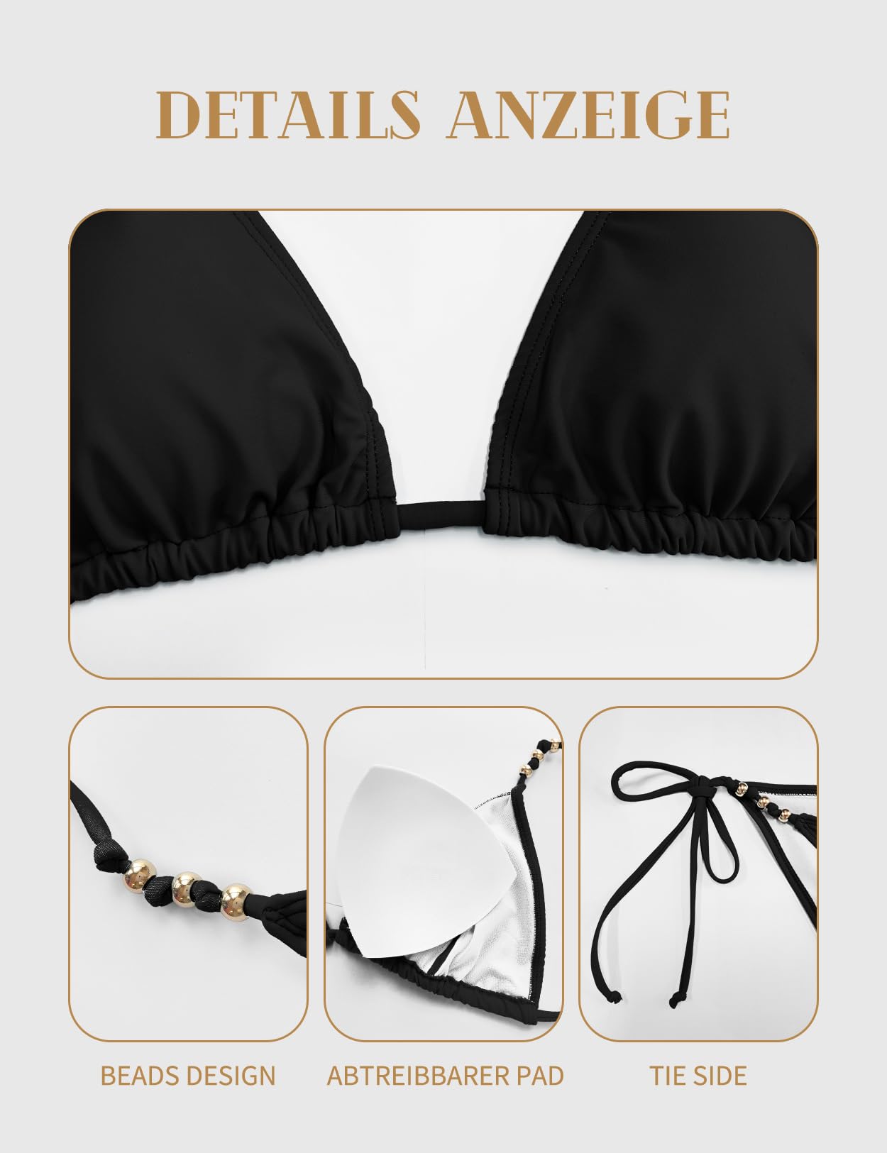 Zilcremo Damen Bikini Set Triangel Neckholder Zweiteiliger Badeanzug | V Ausschnitt,Sexy,Cheeky Hose mit Seitenbändern,Low Waist,mit Goldenen Perlen,Selbstbindend am Hals,Für Strand und Pool