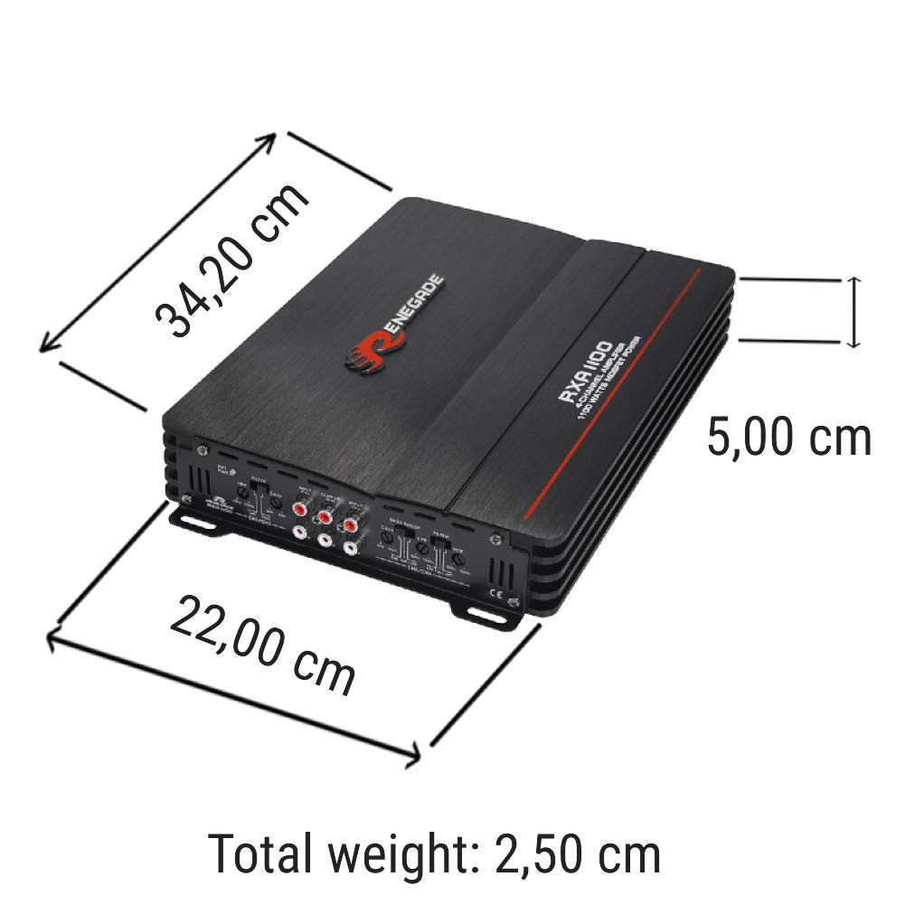 1 amplificador RENEGADE RXA1100 RXA 1100 4 canales clase a/b 4 x 135 vatios rms 4 x 275 vatios max bass boost spl coche negro, 1 pieza