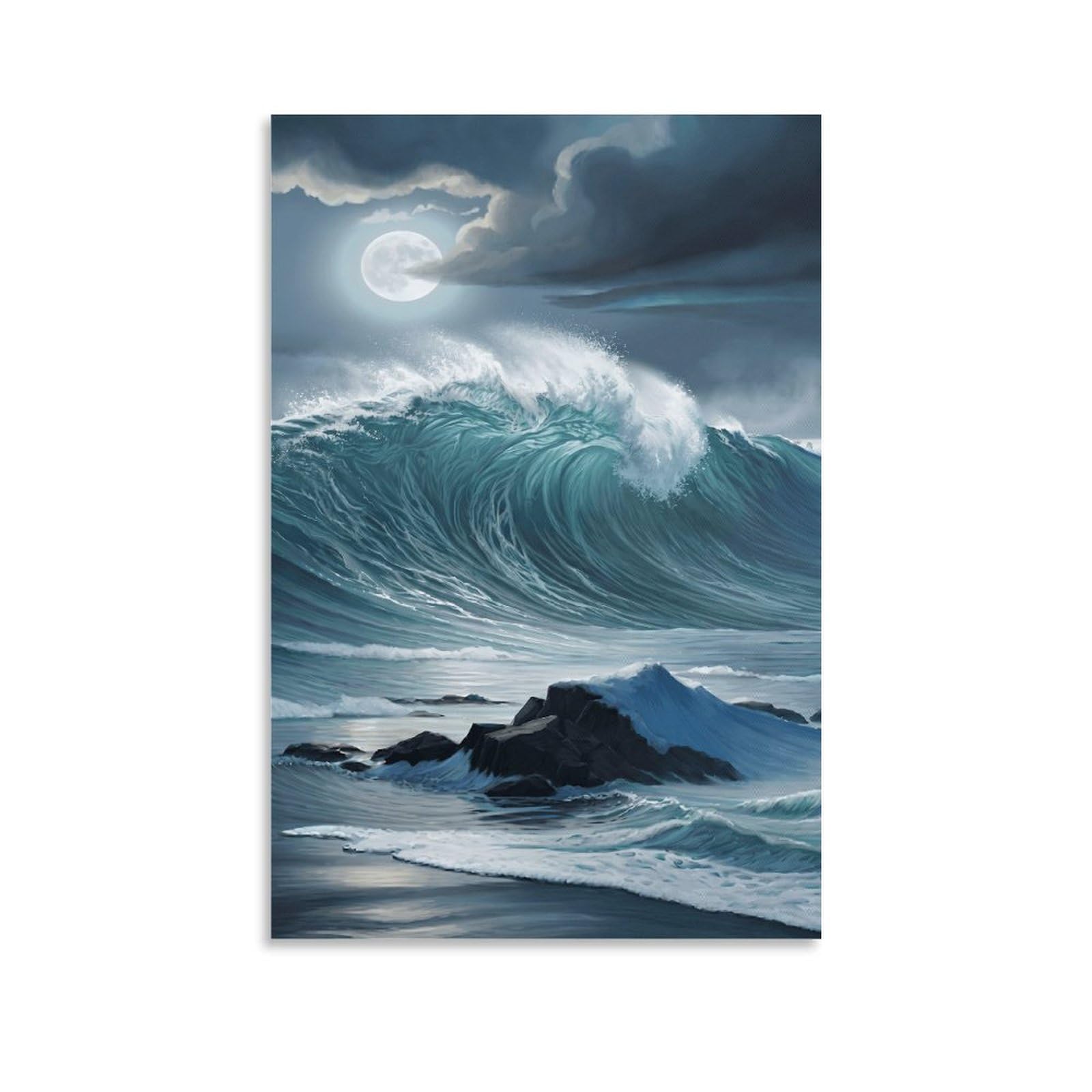 XPASHIQWC Full Moon Storm Waves Poster Artwork Canvas Prints Picture Modern Wall Art Picture Wall Hanging for Office Gym Living Room Decor 20x30inch(50x75cm)