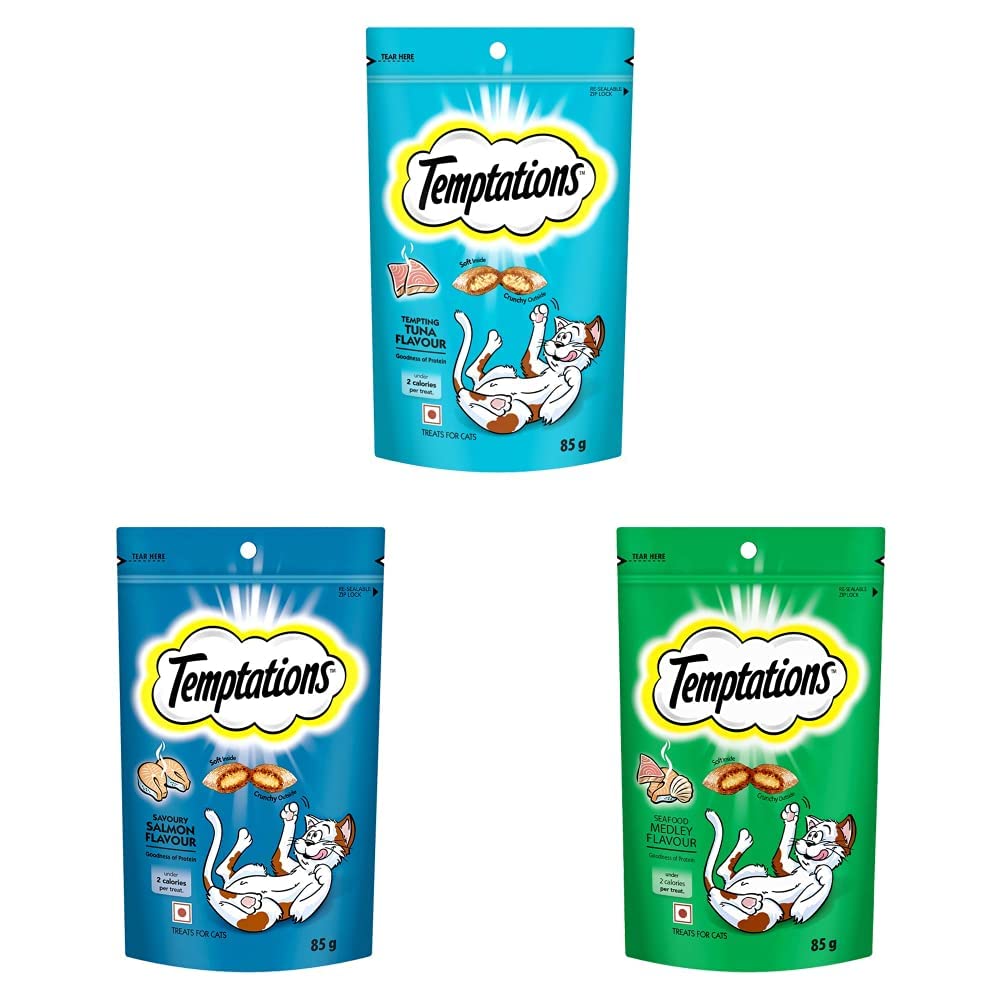 Temptations Dry Adult Cat Treat (Tempting Tuna Flavour, Seafood Medley Flavour & Savoury Salmon Flavour) - (Pack of 3, 85g Each)