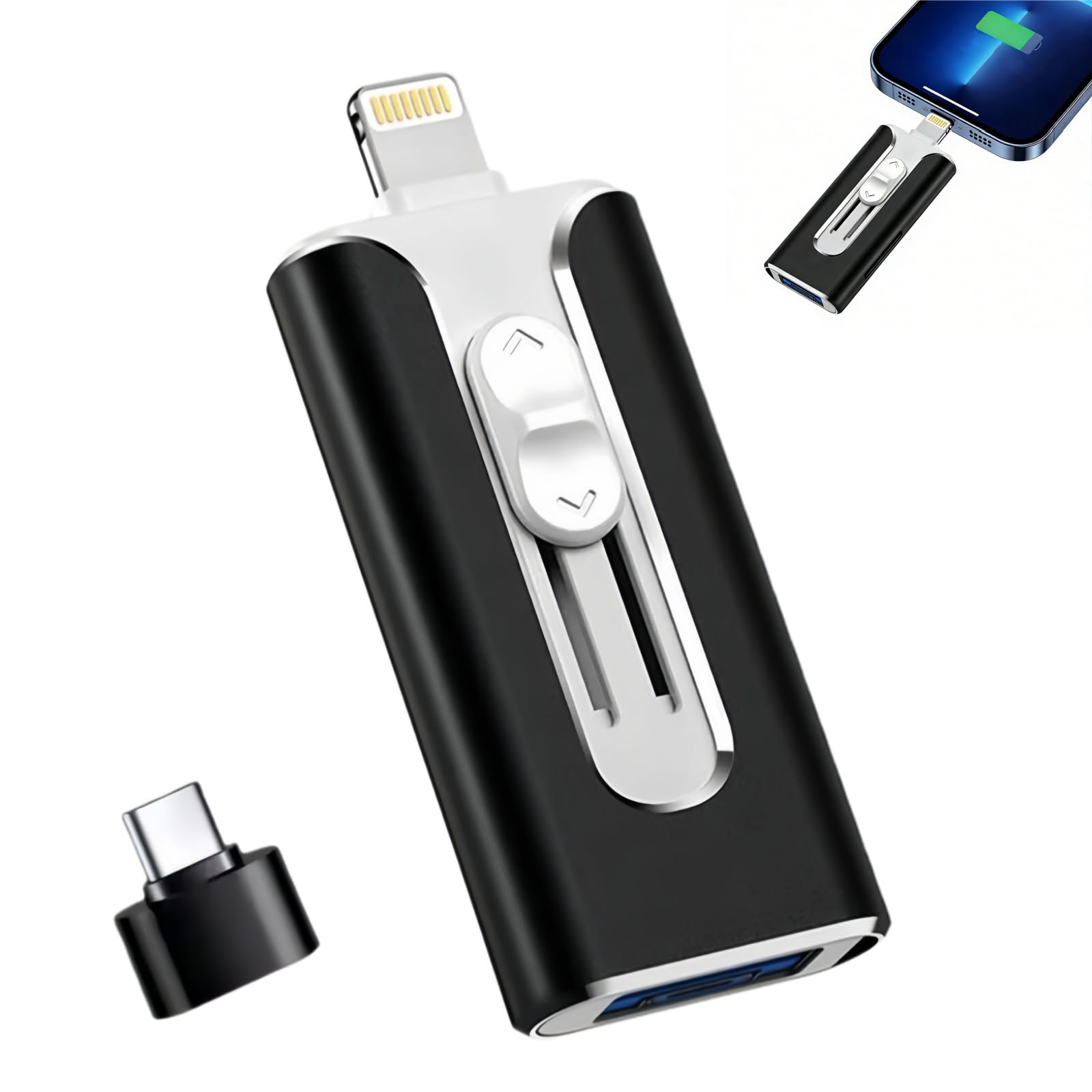 3-in-1 Flash Drive, 64GB Large Capacity Memory Stick Compatible with iOS/Android/PC, USB Flash Drive for Mobile Phones and Computers, High-Speed Memory Stick for External Data Storage (Black)