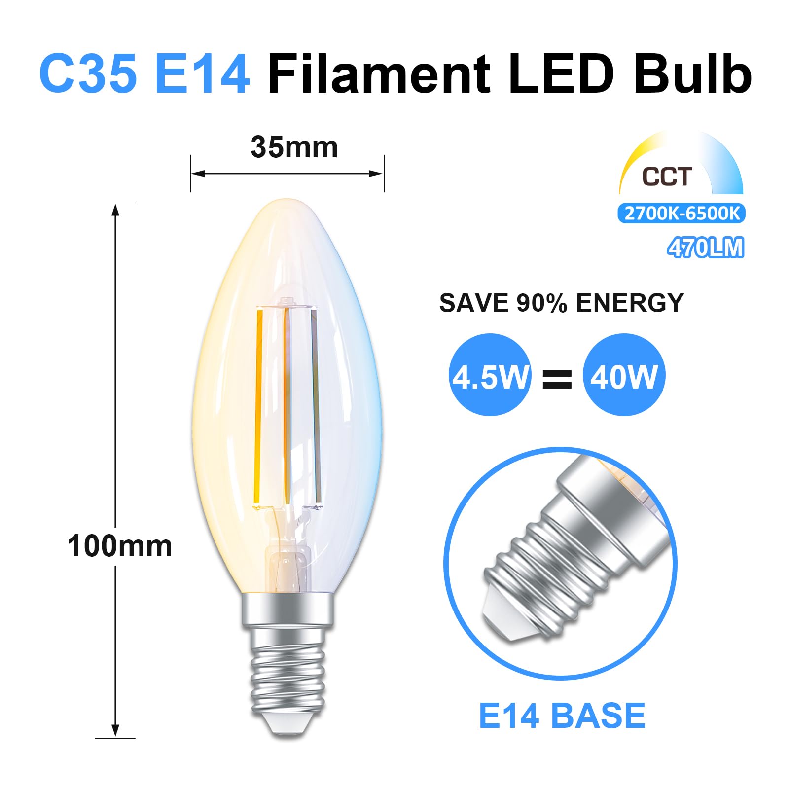 ANTELA Lampadine Alexa Inteligente Filamento E14 C35, 4,5W 470LM Dimmerabile 2700K-6500K Bianco Freddo/Caldo, Compatibile con Alexa/Google Home, Controllo Vocale, Controllo APP, 2.4GHz WiFi, 4Pezzi