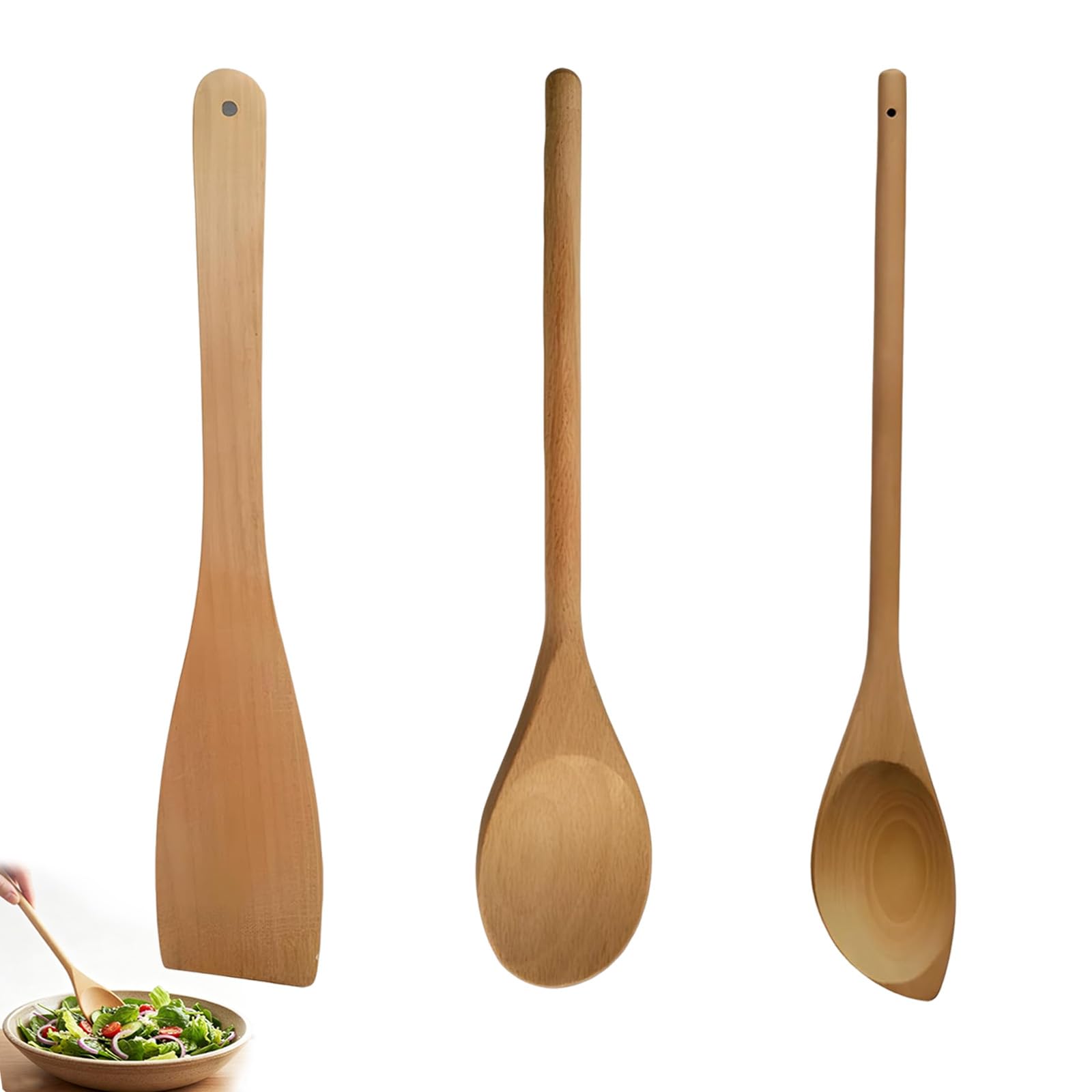 3Pcs Wooden Spoons for Cooking, Long Handle Wooden Utensil Set with Wooden Spoon, Wooden Spatula, Durable Wood Construction for Stirring Hot Soups and Mixing Ingredients, Stir Frying