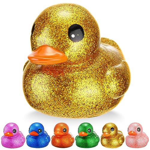 Honoson 6 Pieces Giant Glitter Rubber Ducks 6.89 Inch Big Sparkly Rubber Ducky Jumbo Duck Bathtub Toys with Squeaky Sound for Baby Shower Birthday Party Favor Summer Beach Pool Activity (Colorful)