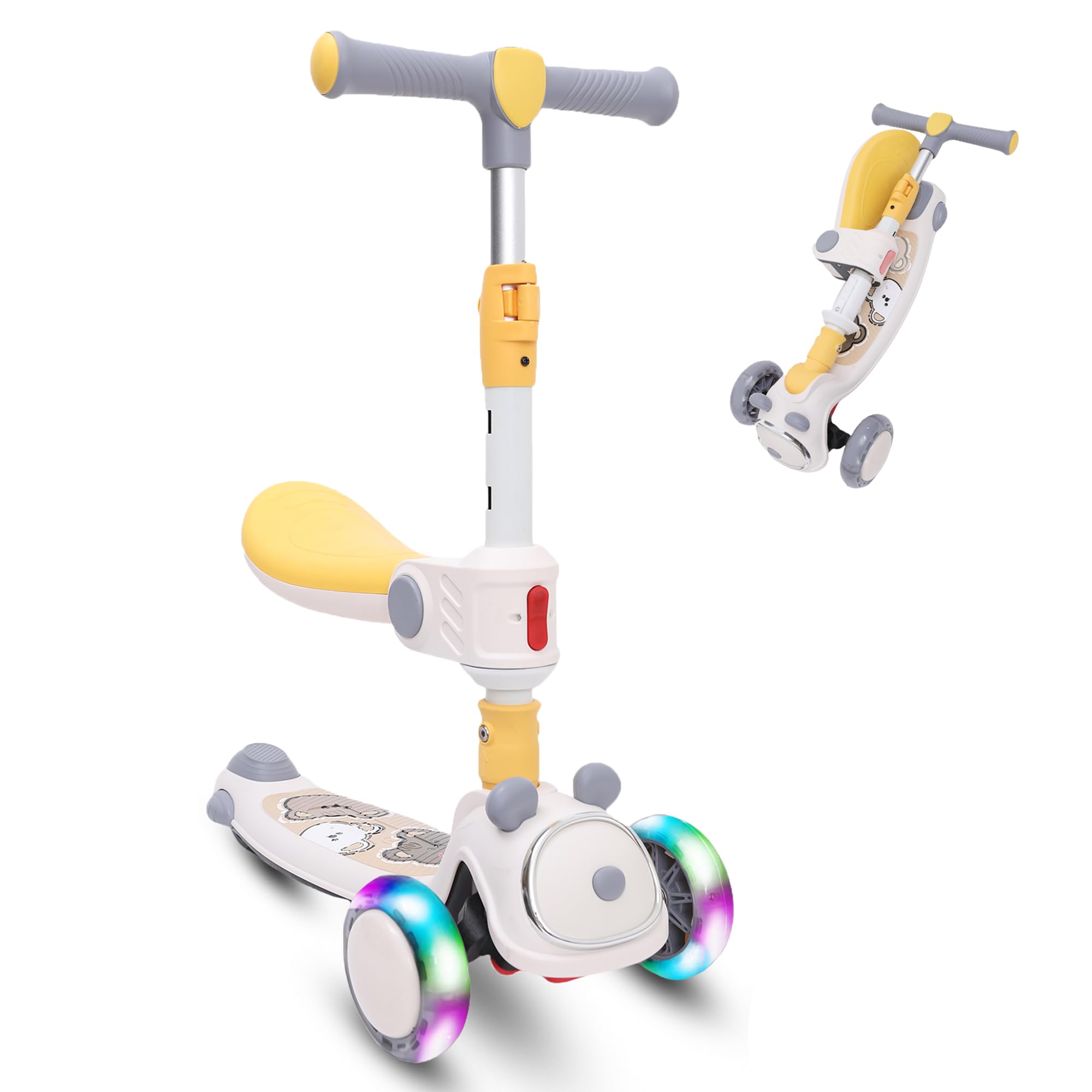 Habib Gruppe Patinete infantil 2 en 1 plegable con asiento, ruedas LED, ajustable y ligero (1-12 años), seguro y robusto