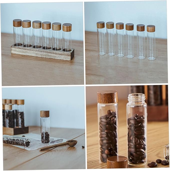 Set de 6 frascos de vidrio para café con soporte de madera miniatura 7