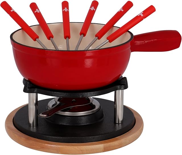 Rotel 1510150 Cheese Fondue Fondue Caquelon Cast Iron and 6 Forks, Red, Cast Iron, 31.5 x 17.5 x 23 cm