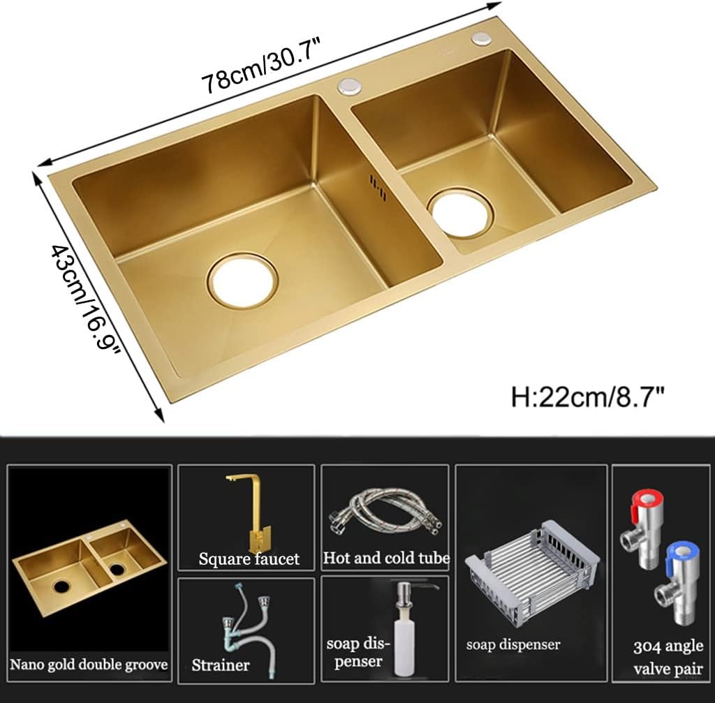 Double Bowl Kitchen Bar Sink Wet Bar & Prep Sink 304 Stainless Steel RV Sink with Square Faucet & Drain Top Mount Or Undermount (Gold 78x43x22cm)