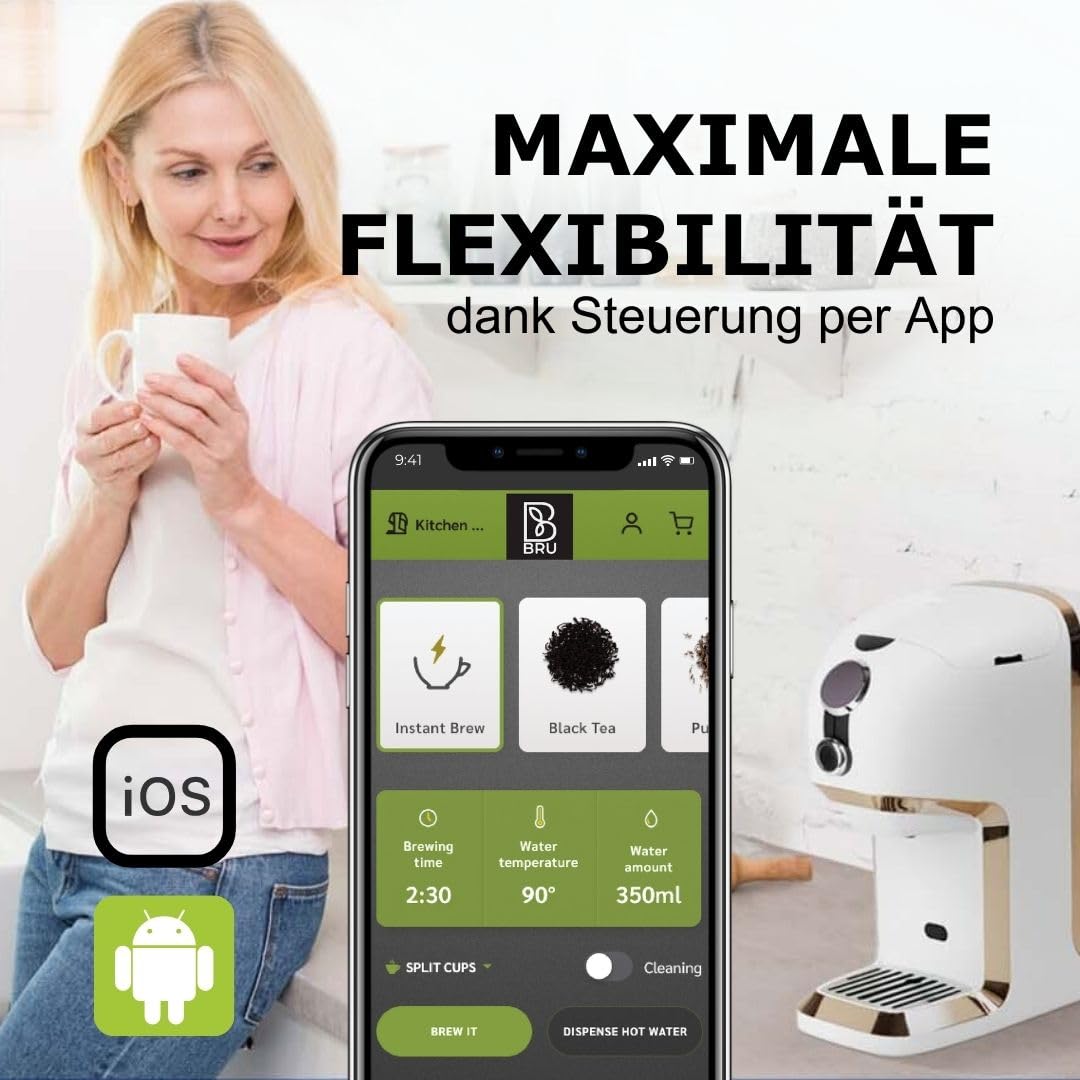 BRU Tee Automat für losen Tee & Kräuter & Teebeutel, OHNE Kapseln, Heißwasserspender & Teemaschine in einem, Tee & filtriertes Wasser auf Knopfdruck, automatisches Reinigungssystem (Schwarz/Chrome)
