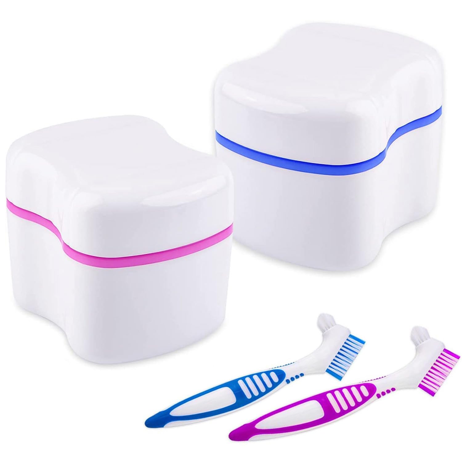 BTwood Denture Bath Kit – Includes 2 Denture Bath Cups, 2 Denture Cleaner Brushes, and 2 Strainer Baskets – Ideal for Dentures, Retainers, and