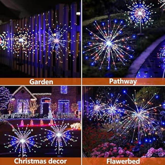 2 Pack Solar Firework Lights 200 LED Create Magical Nights, Waterproof Starburst Fairy Lights for Garden Yard Patio Christmas Romantic Wedding Party Decor(Color)