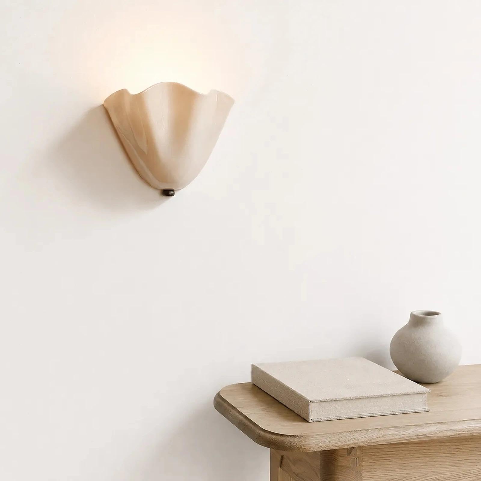 Vintage Wall Sconce, Shell Wall Sconce with Ruffle Cognac Glass Shade