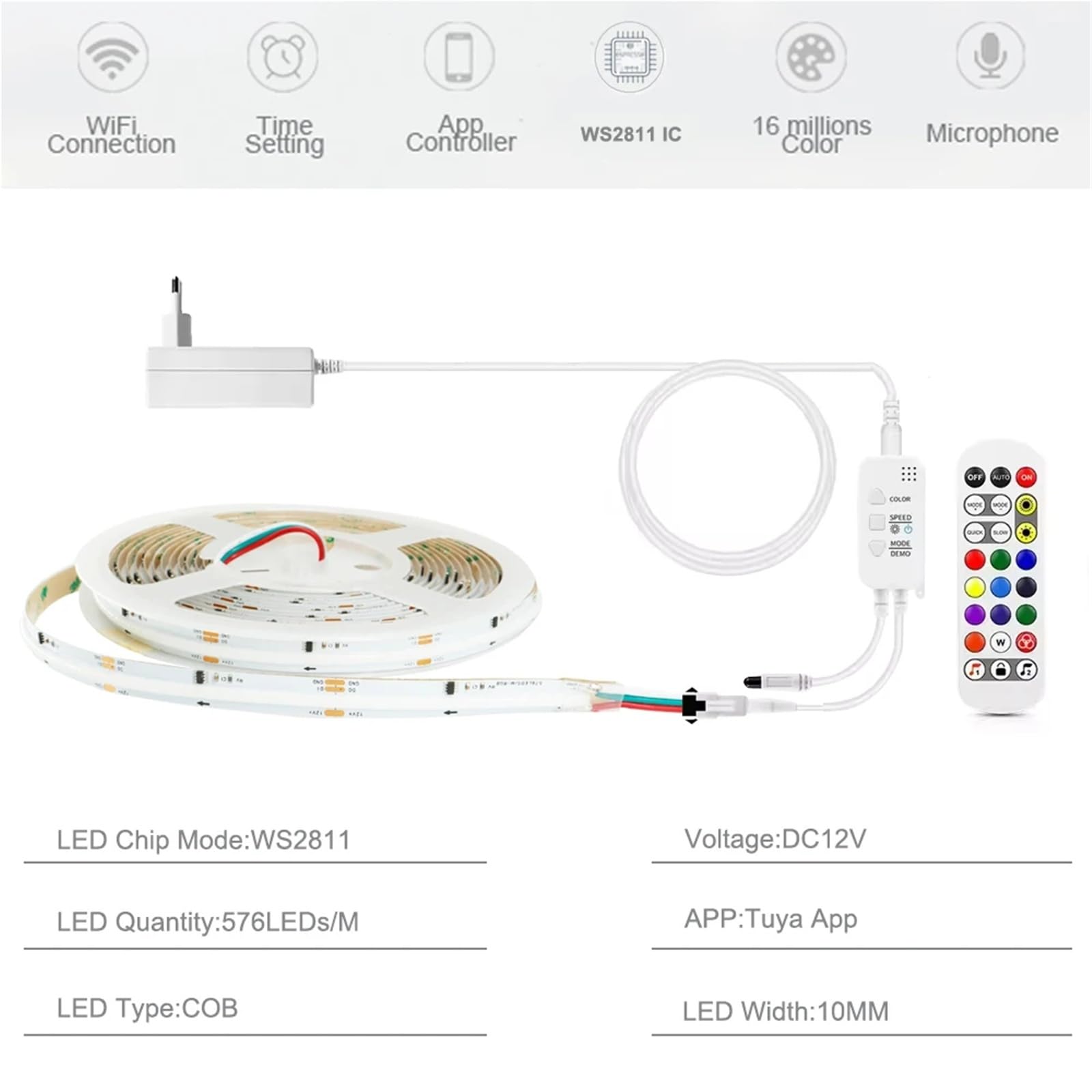 LED Light Strip Tuya WIFI APP Control Flexible Smart Addressable RGB Tape DC12V(EU Plug,5M Kit)