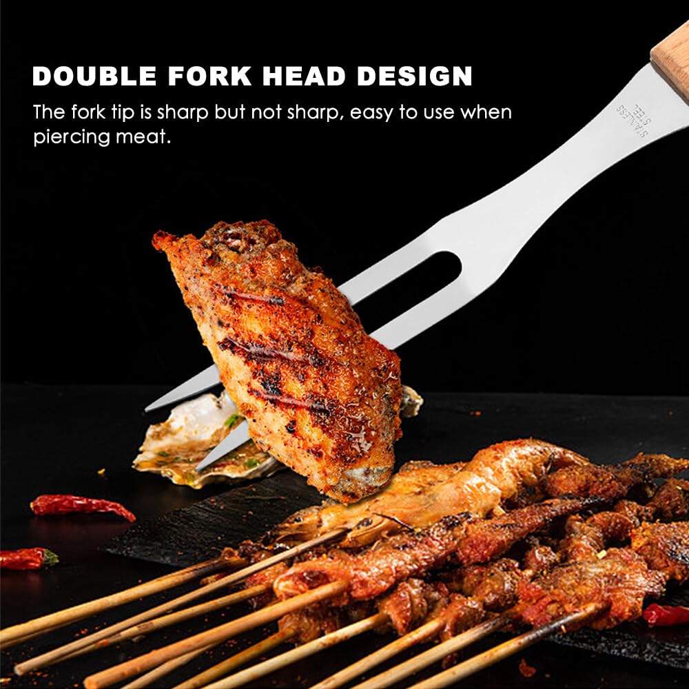 2 Piezas Tenedor para Carne, Tenedor Trinchador en Acero Inoxidable, Mango de Madera, Cuchillo Carnicero para Deshuesar, Tenedor para Trinchar, Tenedor de Parrilla Barbacoa (33.3cm/38.2cm)