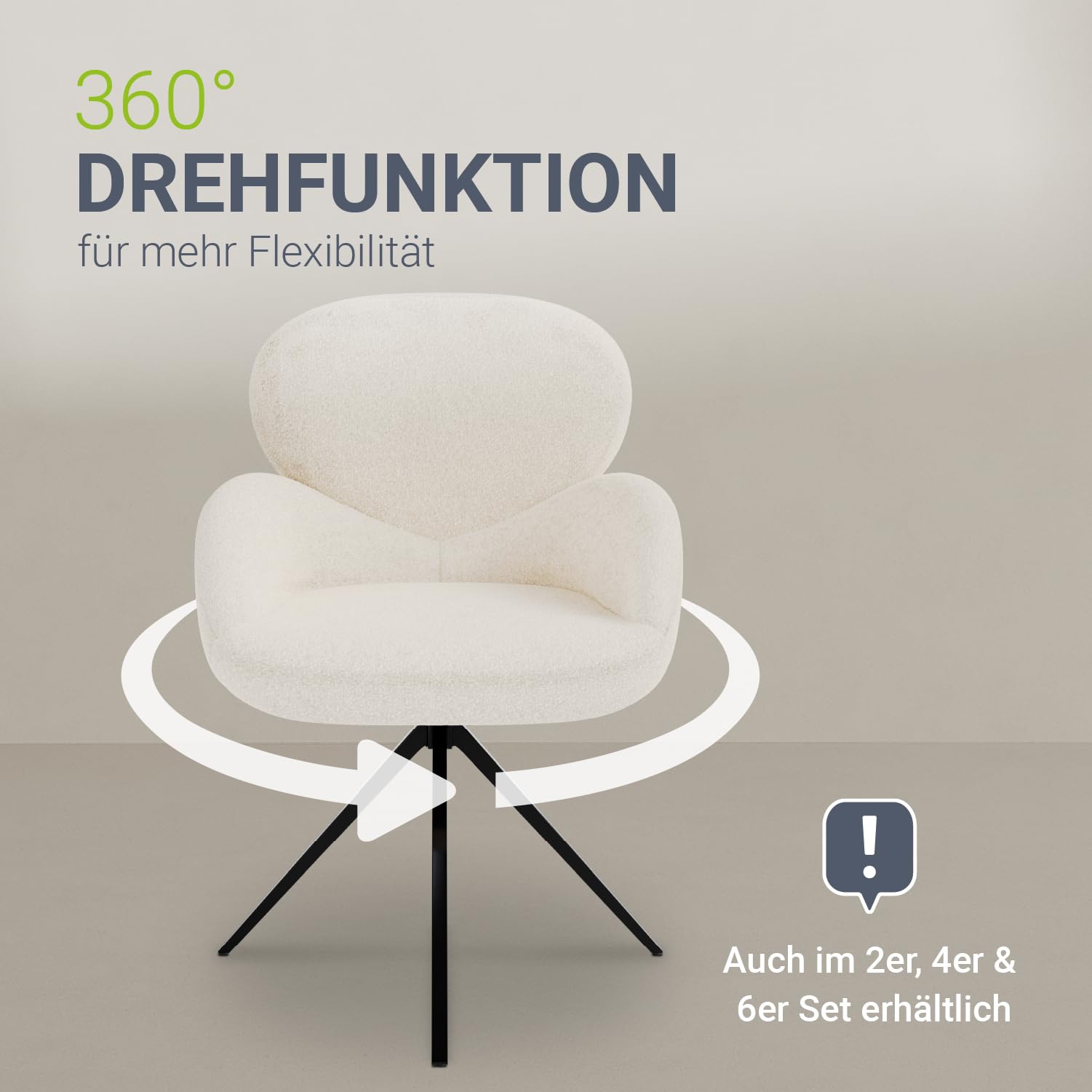 Juskys® Drehstuhl Albano - Bouclé - 360° drehbar & gepolstert, pflegeleichter Bezug, verstellbare Metallfüße, modern, für Esszimmer & Küche - Creme